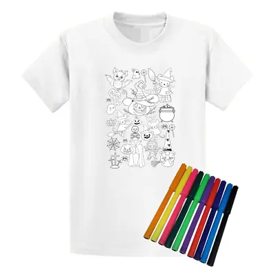Buy Second Ave Halloween White T-Shirt Colour In And Wash Out + 10 Pens Girls Boys • 9.95£