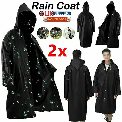 Buy 2x Men Women Long Hooded Waterproof Jacket Rain Coat Button Raincoat Rainwear UK • 7.95£
