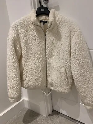Buy New Look Cream Borg Teddy Zip Up Bomber Style Jacket Size Small/UK 8 • 9.99£