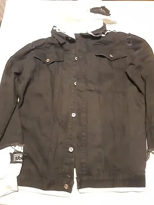 Buy Men's XL Causal Hooded Denim Jacket Distressed Effect Black • 24.99£