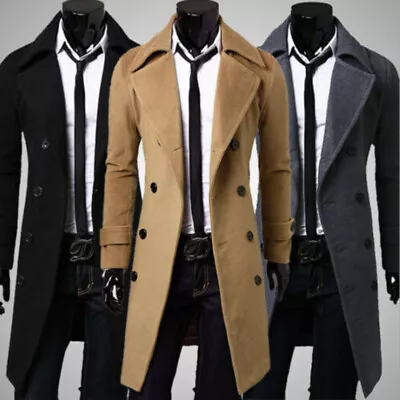 Buy Winter Mens Warm Wool Trench Coat Double Breasted Overcoat Outwear Jacket Long • 21.01£