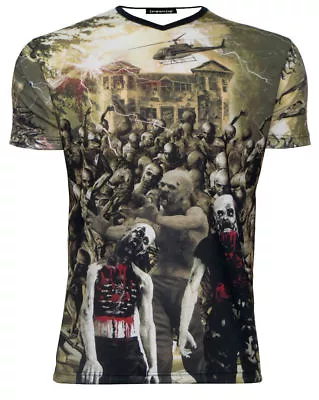 Buy Mens Walking Dead Zombies Ghoul Blood Outbreak Cars Helicopter V Neck Tshirt Top • 21.99£
