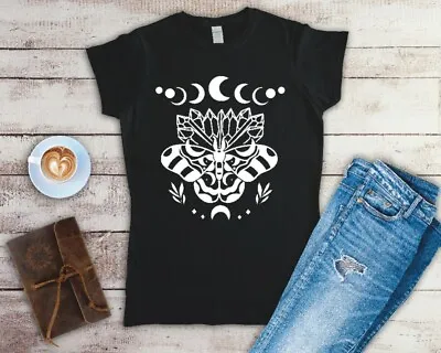 Buy Moon Phases Moth And Crystals Celestial Ladies Fitted T Shirt Sizes Small-2XL • 12.49£