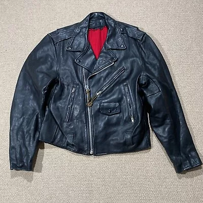 Buy VINTAGE Leather Biker Jacket Mens Medium Size 40 Black Motorcycle Red Lining • 74.99£