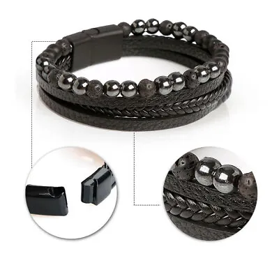 Buy Men's Leather Bracelet Black Wristband Stainless Steel Clasp Jewellery Gift New • 5.49£