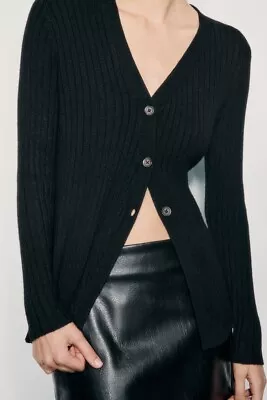 Buy Zara Black Wool Blend Ribbed Knit Cardigan Diagonal Fastening Size S Uk 8-10 • 19.99£