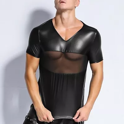 Buy Mens Blouse T-Shirt Solid Color Splice Tank Tops Black Faux Leather Muscle • 15.37£