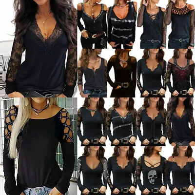 Buy Womens Sexy Lace Gothic Punk Tunic Tops Ladies Long Sleeve Loose T Shirt Blouse • 3.69£