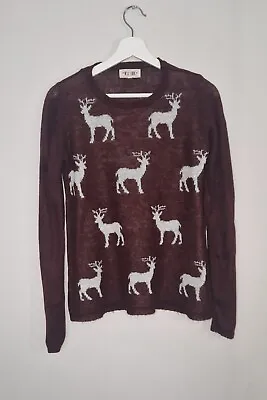 Buy New Look Burgundy White Silver Raindeer Xmas Jumper Size 10 Good Condition  • 15£