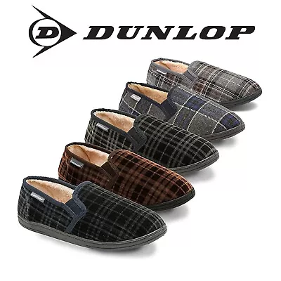 Buy Dunlop Mens Slippers Twin Gusset Check Upper Fur Lined Memory Foam Sizes 7-12 • 19.99£