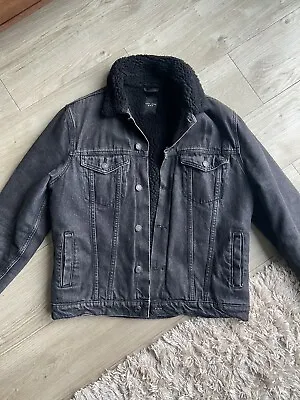Buy Black Denim Fleece Lined Mens Jacket Large • 12.50£