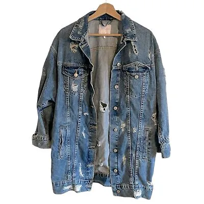 Buy Zara Trafaluc Denimwear Destroyed Denim Jacket Jean Distressed Longline Medium • 57.64£