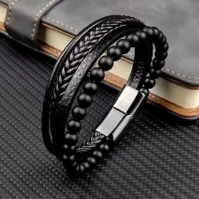 Buy Mens Black Leather Bracelet Wristband Stainless Steel Clasp Jewellery Gift UK • 4.89£