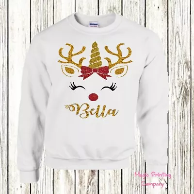 Buy Girls Christmas Jumper Personalised Unicorn Reindeer Rudolph Sweatshirt Kids NEW • 16.99£
