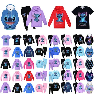 Buy Kids Lilo And Stitch Autumn Sweatshirt Hooded Tops & Pants Tracksuit Outfits Set • 9.17£