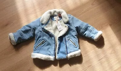 Buy River Island Mini Little Girls Denim Jacket Blue Age 6-9  Months Fur Lined • 19.99£