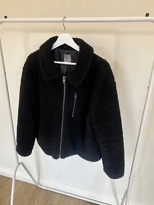 Buy Primark Black Borg Teddy Zip-through Collared Short Fleece Jacket - Size Large • 14.99£
