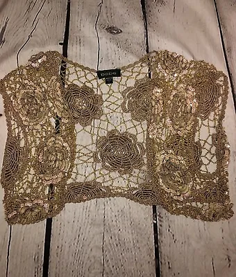 Buy Bebe Women’s Crocheted Sequin, Beaded Cropped Cardigan Taupe, Gold & Pink Sz. L • 52.10£