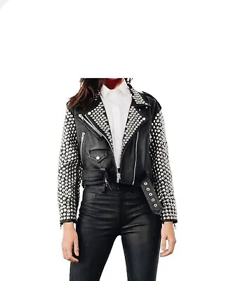 Buy Hot Women Leather Jacket Punk Style Silver Studded Real Cowhide Leather Jacket • 240.75£
