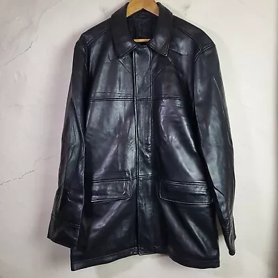 Buy Marks Spencer Mens Large Leather Overcoat Jacket Black Biker Moto Full Zip • 32.69£