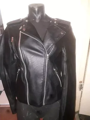 Buy Black Biker Style Jacket Faux Leather Look  • 1£
