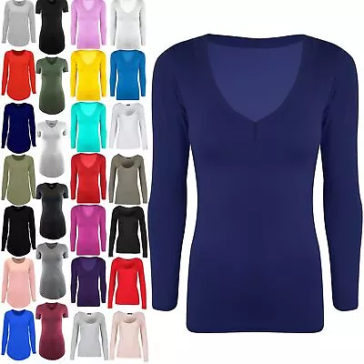Buy Ladies Womens Casual Jersey Stretchy V Neck Plain Long Sleeves Tunic T Shirt Top • 6.99£