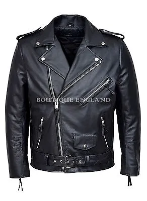 Buy Men's Jacket Black Genuine Cowhide Leather Brando Bikers Leather Jacket • 124.75£