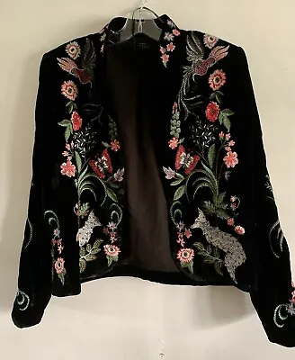 Buy Zara Woman Black Velvet Embroidery Long Sleeve Fox & Floral Jacket Blazer Sz:s • 69£