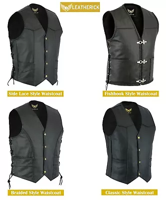 Buy Men Classic Black Biker Style Genuine Leather Motorcycle Waistcoat Cut Off Vests • 24.75£