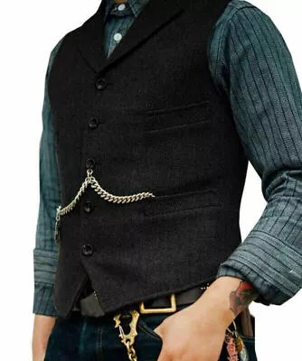 Buy Mens Tweed Lapel Vest Jacket Herringbone Waistcoat Casual Formal Sleeveless Tops • 21.49£