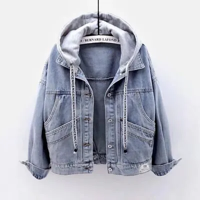 Buy Women Casual Denim Jacket Coat Ladies Hoodies Outwear Hooded Grey Jeans Tops NEW • 24.36£