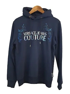 Buy Versace Jeans Couture Navy Hoody Shiny Metallic Mirror Logo Sweatshirt Hoodie • 106.24£