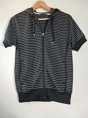 Buy Uniqlo Black White Stripe Mesh Hooded Short Sleeve Zip Top Pockets Sz XS • 15£