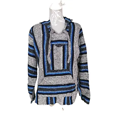 Buy Mexican Baja Hoodie Jerga Rug Hoody Sweatshirt Size M Blue Grey Festival Surf • 15£