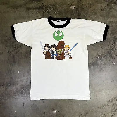 Buy Star Wars T-Shirt Mens Cartoon Graphic Ringer USA Movie Tee White Large • 20£