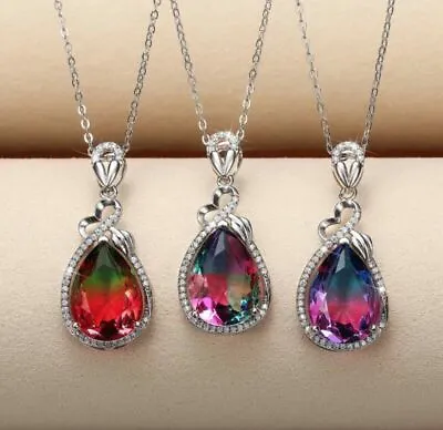 Buy Fashion Rainbow Mystical Topaz Pendant Necklace Women 925 Silver Wedding Jewelry • 3.77£