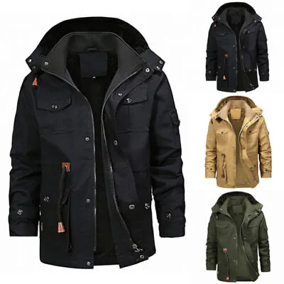 Buy Mens Fleece Lined Parka Coat Hooded Winter Zip Up Thermal Warm Army Jacket Tops • 8.39£
