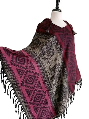 Buy Hooded Poncho Tribal Animal Print Wrap Cape Shawl Hoodie  Red One Size • 19.99£