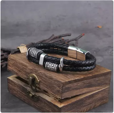 Buy Men's Norse Viking Leather Bracelet - Handmade Braided Wristband With Wooden Box • 23.35£