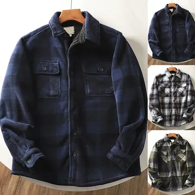 Buy Men's Winter Flannel Shirt Jacket Warm Plaid Checkered Top With Button Up Front • 21.41£