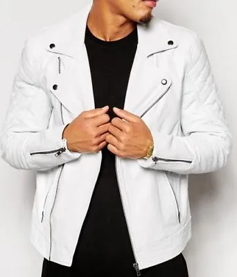 Buy Men Leather Jacket White New Slim Fit Biker Genuine Lambskin Jacket • 79.99£