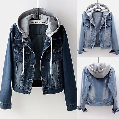 Buy Women Ladies Blue Denim Jacket Coat Hooded Top Hoodies Jeans Casual Long Slee. ` • 18.66£