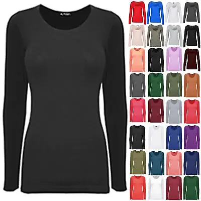 Buy Womens Ladies Round Neck Plain Casual Long Sleeves Stretchy Slim Fit T-Shirt Top • 2.49£