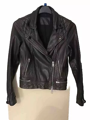 Buy All Saints Conroy Biker Moto Jacket Very Dark Brown Genuine Leather Size 8 • 52.99£