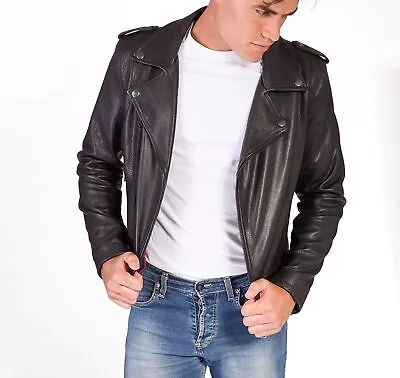 Buy Leather Jacket Men's Motorcycle Vintage Biker Bomber Real Cafe Racer Black 50 • 130.07£
