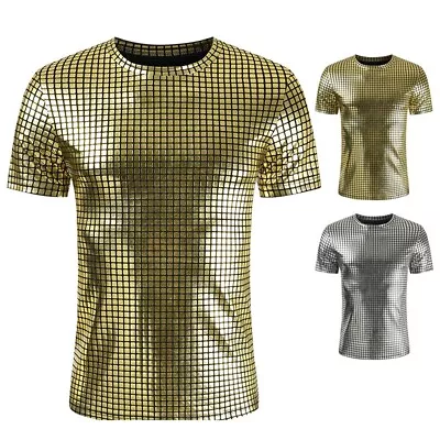 Buy Trendy Men's 70s Disco Costume Shirt Sequin Short Sleeve Button Down T Shirt • 19.40£