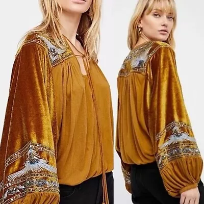 Buy Free People Hearts Aflame Velvet Embroidery Sequins Top S Oversized Boho Gypsy • 60.52£