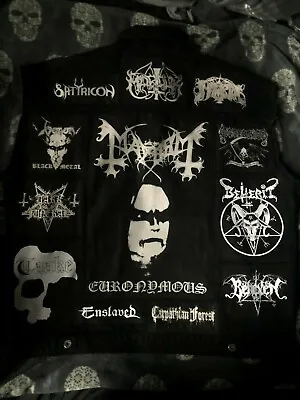 Buy Black Metal Battle Jacket Cut-Off Denim Vest Darkthrone Bathory Mayhem Watain • 146.99£