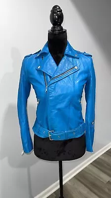Buy Pleased Blue Genuine Leather Biker Moto Style Jacket Size Small Women’s • 55.25£