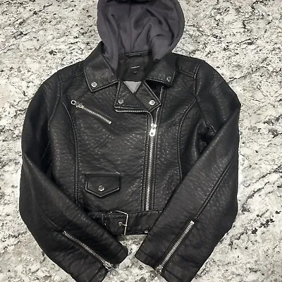 Buy Members Only Black Cropped Faux Leather Thick Pebbled Moto Jacket Large W/Hood • 48.26£